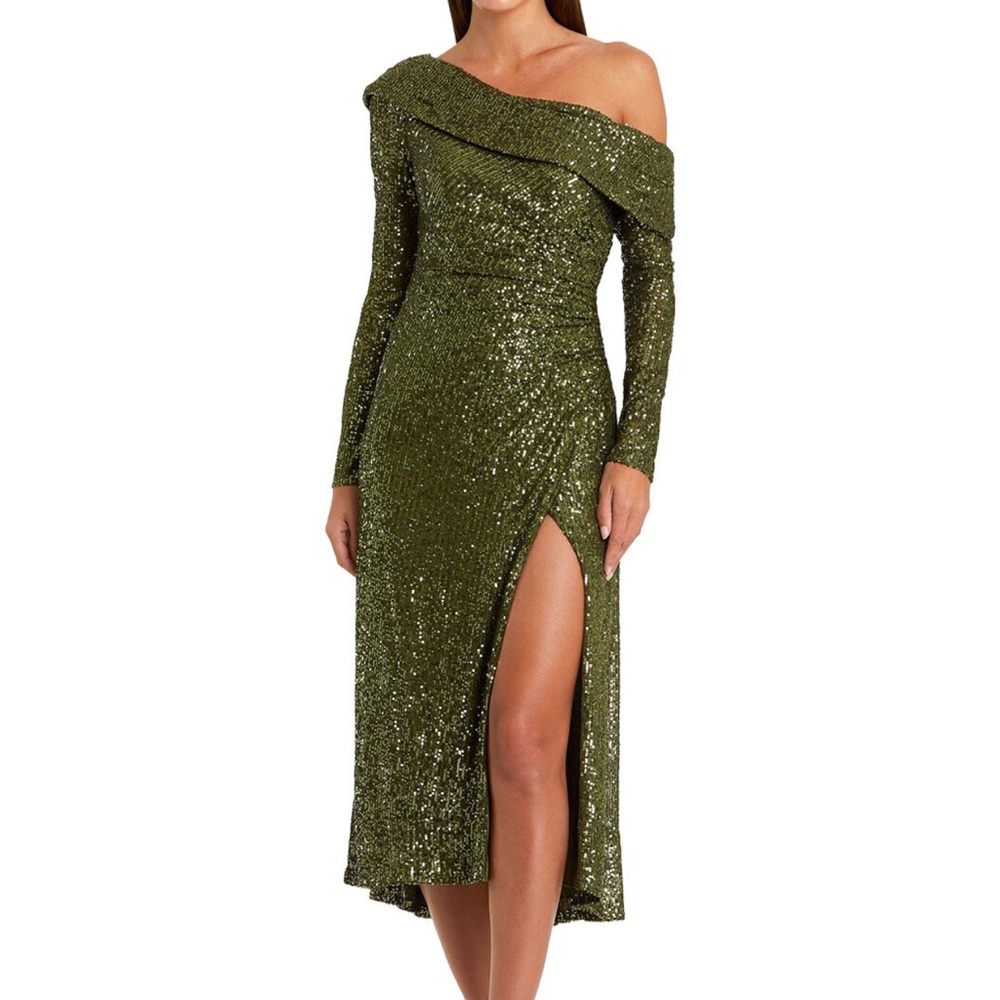 Mac Duggal Olive Sequin Midi Skirt with High Side Slit